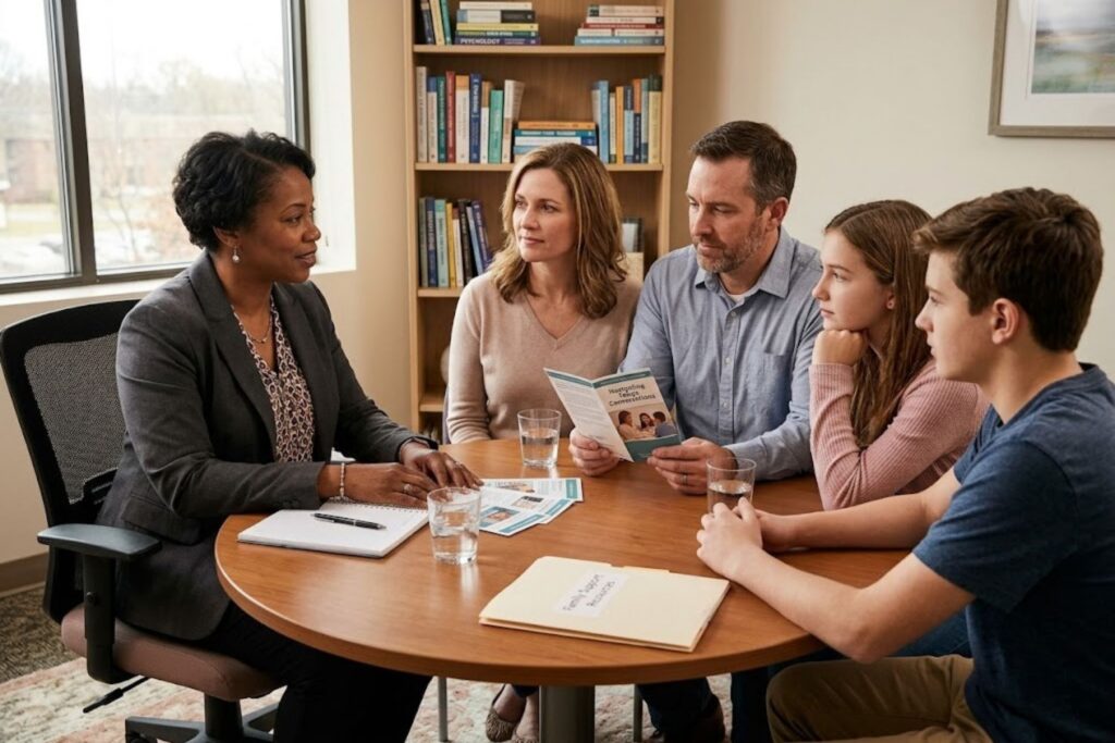 Family meeting with a professional addiction interventionist