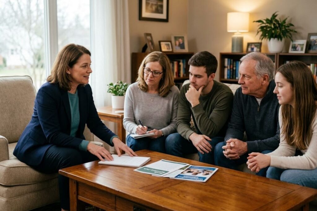 Professional addiction interventionist guiding a family intervention meeting