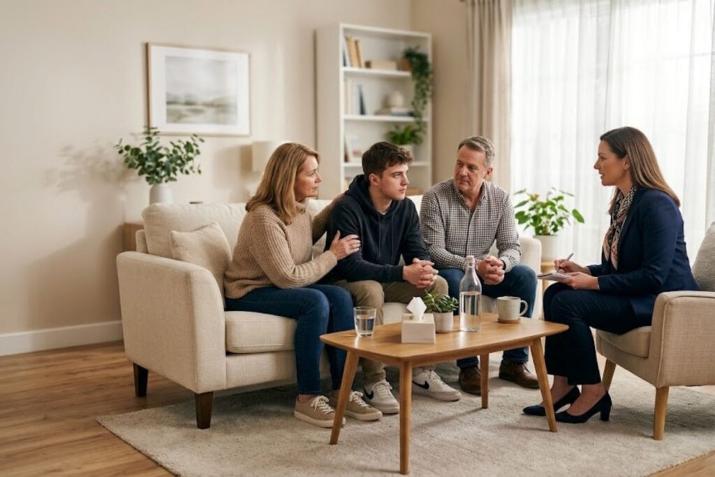 Alcohol interventionist guiding a family through a professional alcohol addiction intervention