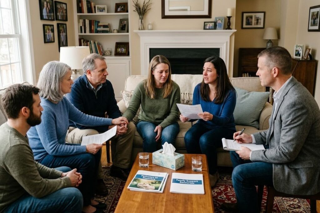Family participating in a professionally guided addiction intervention