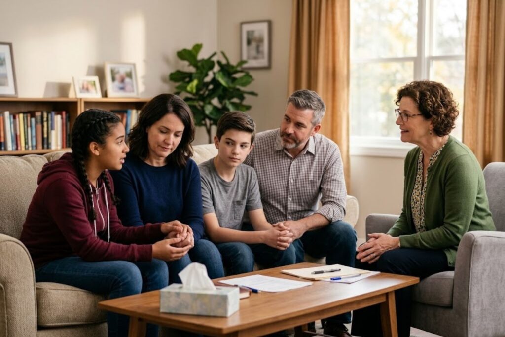Family interventionist guiding a family through a structured intervention