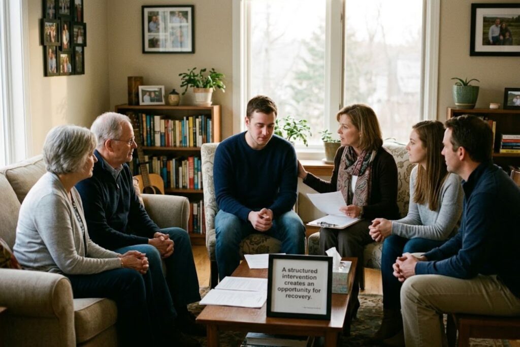 Family meeting with a professional interventionist discussing addiction treatment