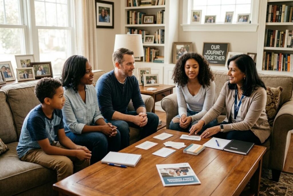Professional interventionist guiding a family meeting