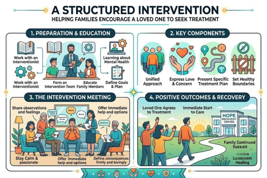 Family participating in a professionally guided substance abuse intervention