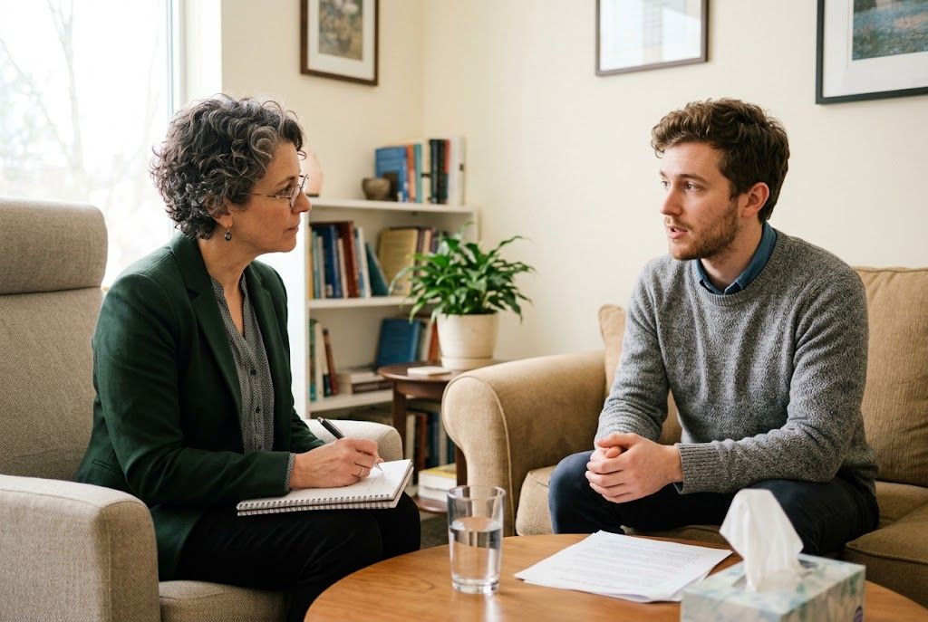 Professional counselor taking notes during client assessment